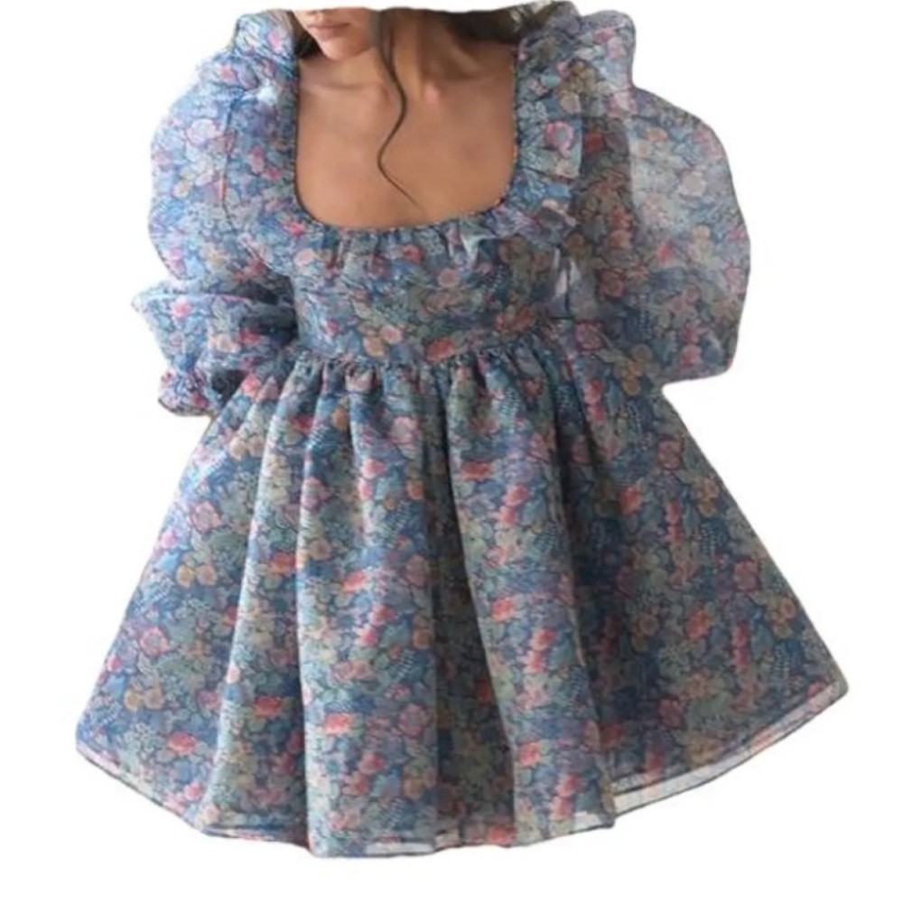 NWOT Selkie Mayfair Secret Garden Puff Sleeve Blue Floral Mini Dress Size XL - Picture 10 of 16